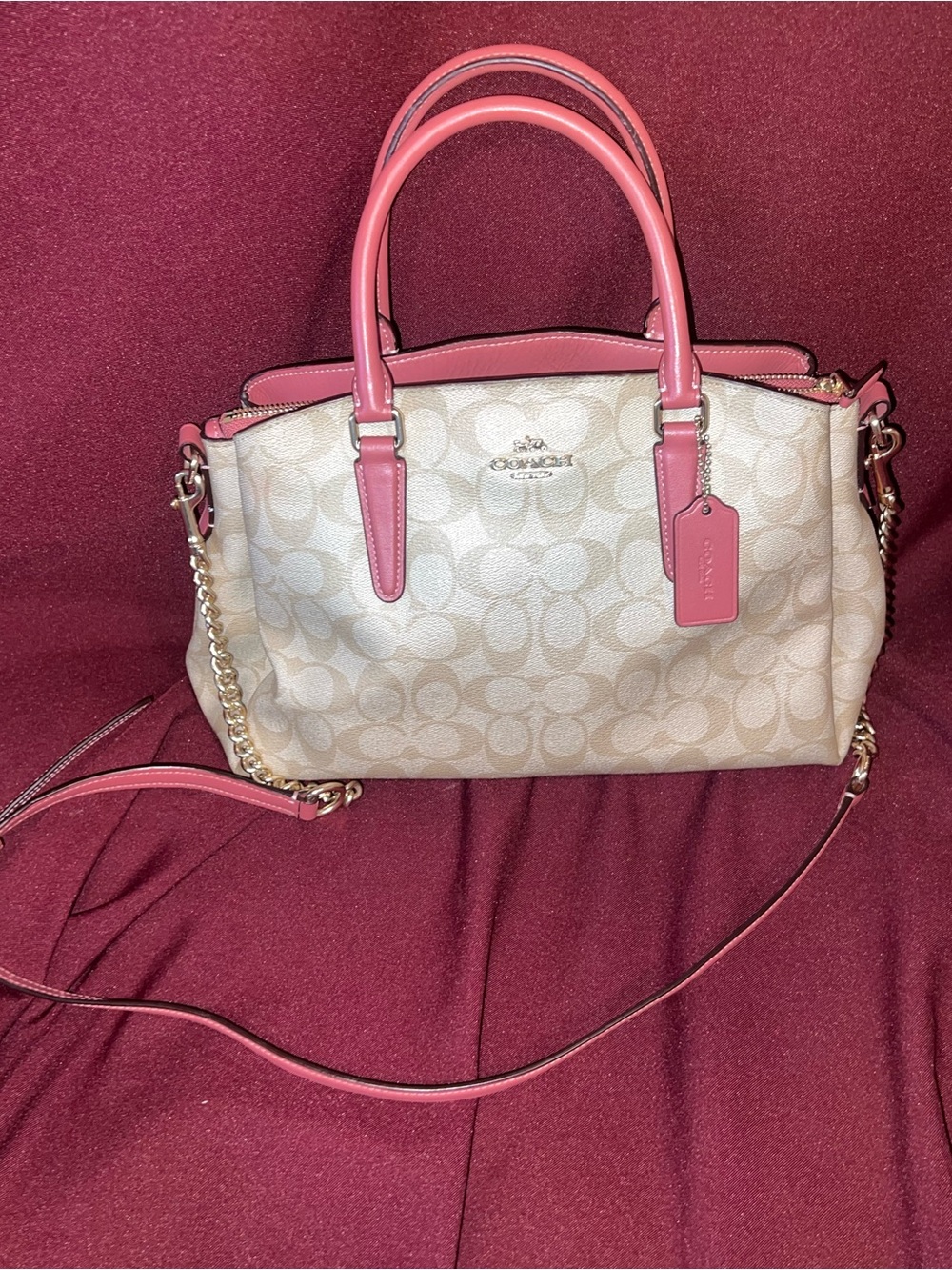 Coach Cream Signature Satchel with Pink Trim